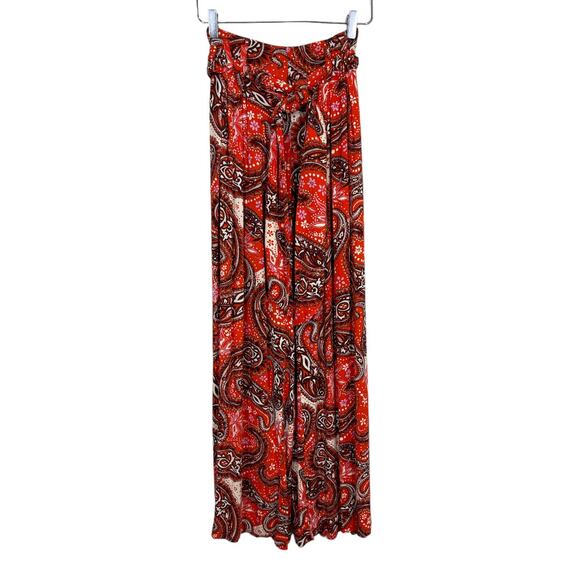 Free People Printed Double Trouble Pants XS Red Wide Leg Paisley Boho Retro - Picture 2 of 9